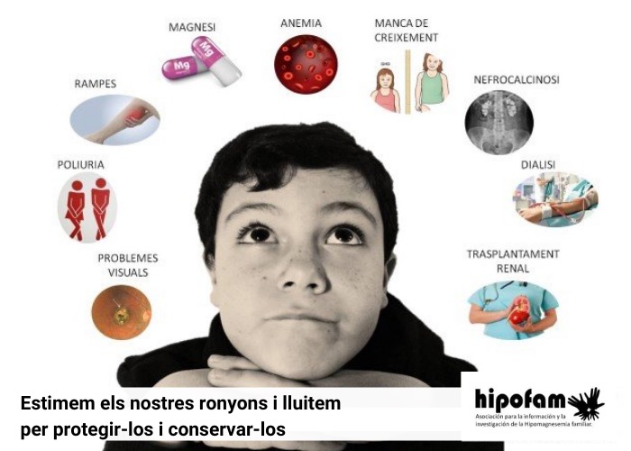  Peu de foto, logo de l’Associació per la informació y la investigació de la Hipomagnesemia (HIPOFAM). Fotografia de mig cos d’un noi amb la mirada alçada, envoltat d’imatges que simbolitzen la simptomatologia de la malaltia.