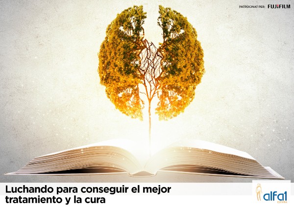 Peu de foto, logo de l'Associació Alfa 1 Espanya. Imatge d’un arbre amb forma de cervell que surt d’un llibre obert.